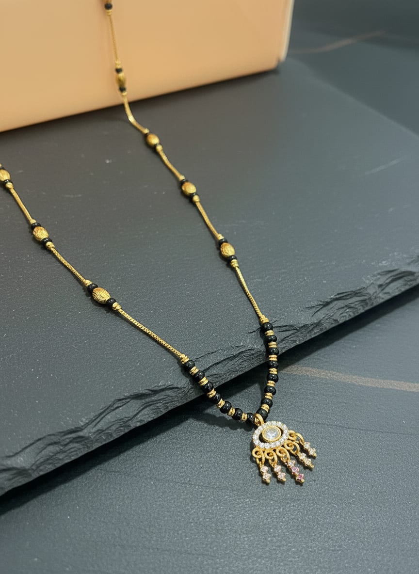 Graceful Black Gold Plated Bead And Diamond Pendant Mangalsutra