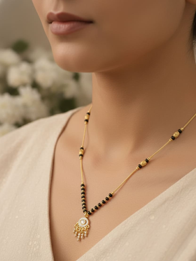 Graceful Black Gold Plated Bead And Diamond Pendant Mangalsutra