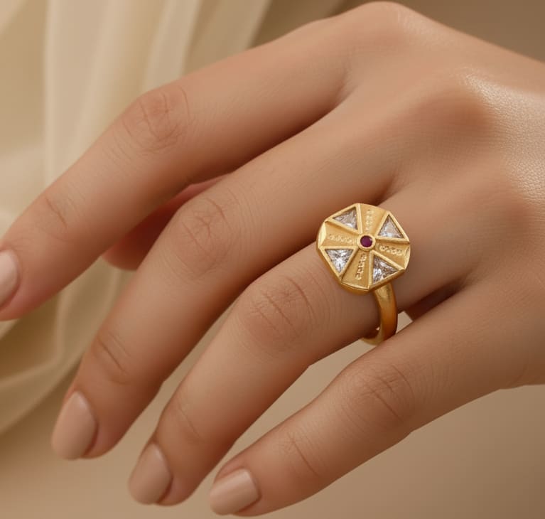Micro Gold Plated And Diamond Studded Adjustable Flower Ring