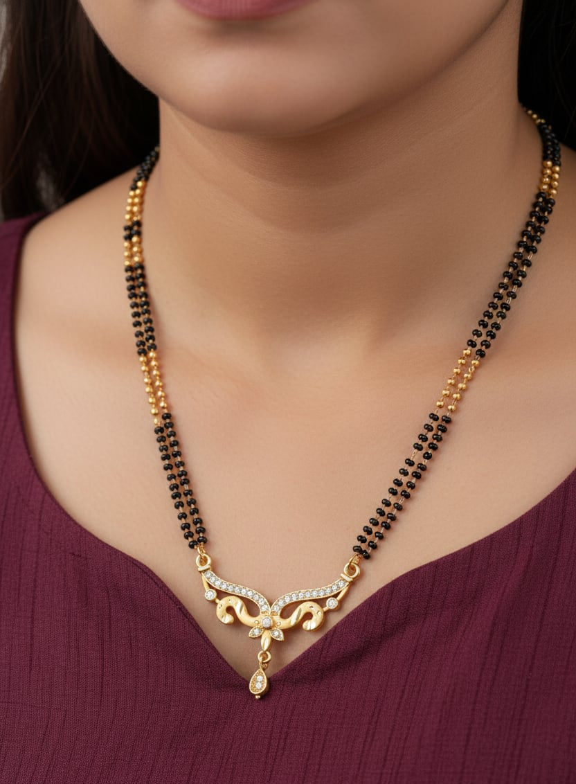 Micro Gold Plated And Diamond Curved Designer 24 Inches Mangalsutra with Drop Pendant