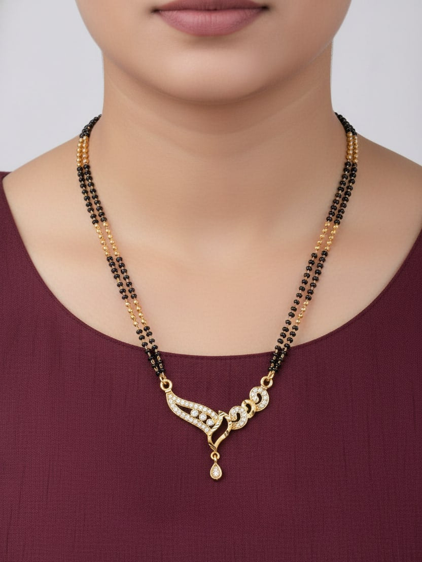 Micro Gold Plated And Diamond Designer Mangalsutra with Curved Pendant(24 Inches)