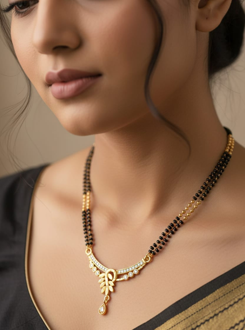 Micro Gold Plated And Diamond Leaf Design 24 Inches Mangalsutra with Drop Pendant