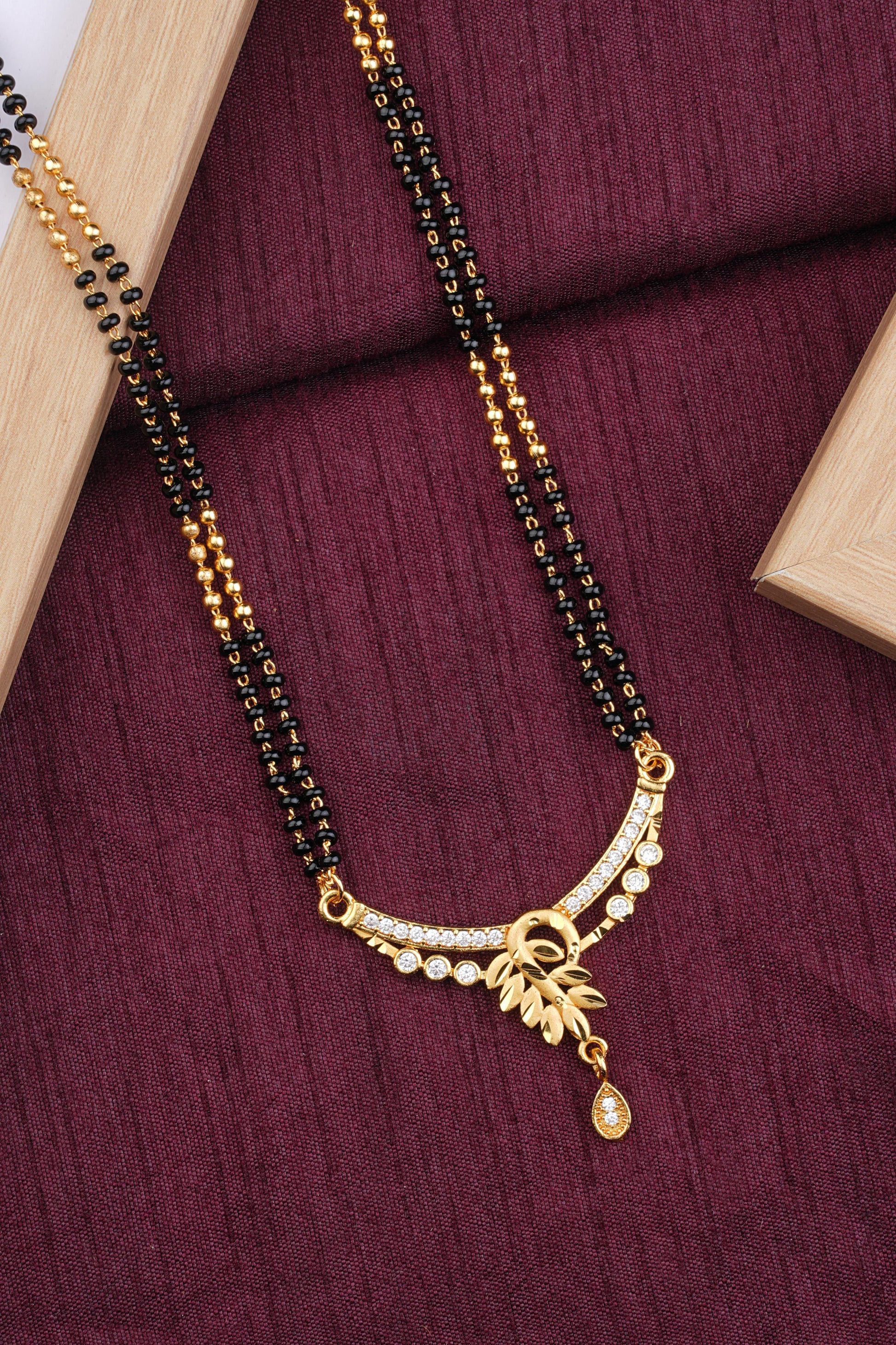 Micro Gold Plated And Diamond Leaf Design 24 Inches Mangalsutra with Drop Pendant
