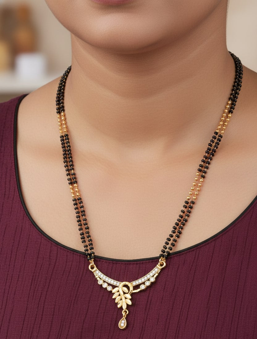 Micro Gold Plated And Diamond Leaf Design 24 Inches Mangalsutra with Drop Pendant
