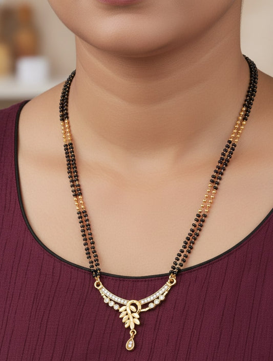 Micro Gold Plated And Diamond Leaf Design 24 Inches Mangalsutra with Drop Pendant