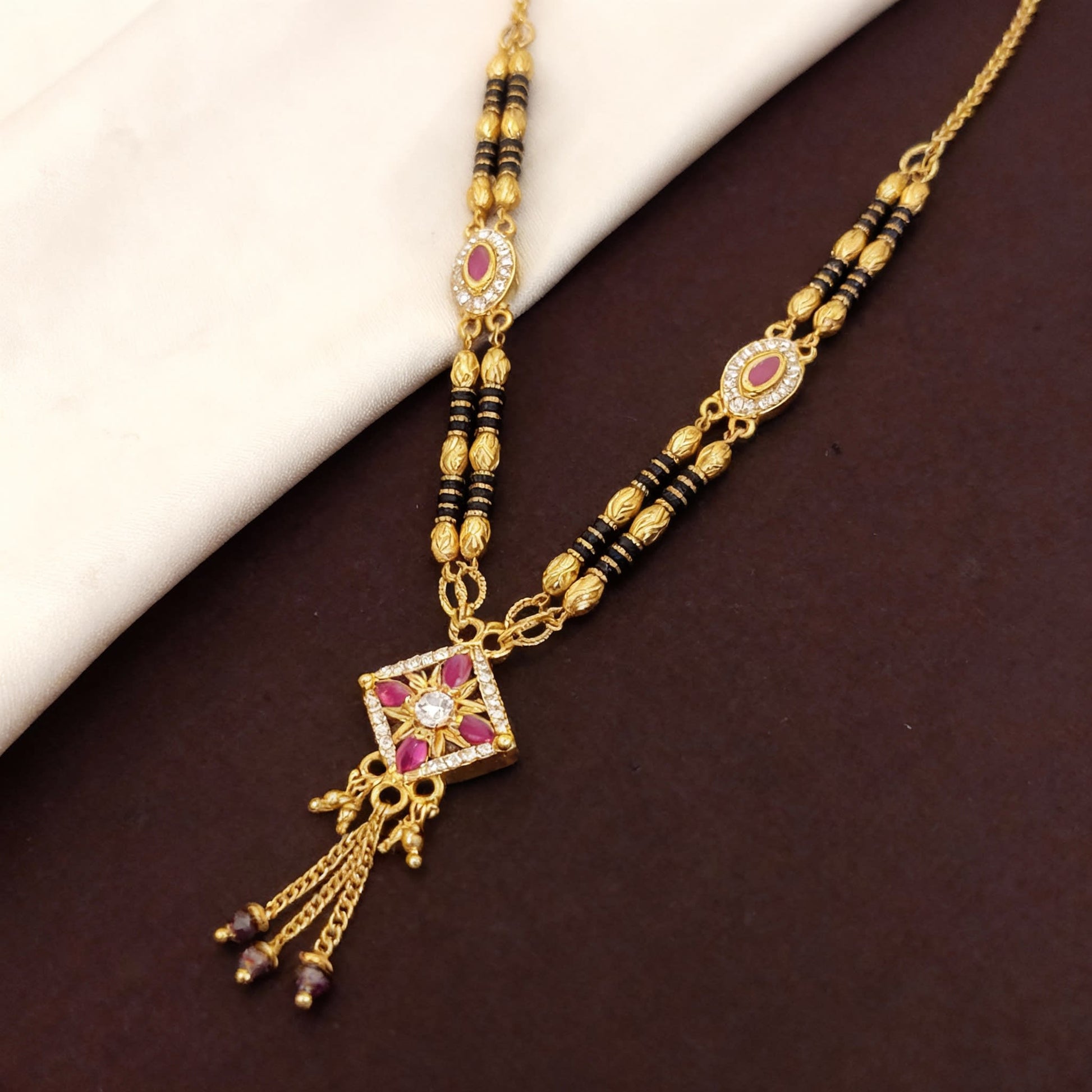 Micro Gold Plated And Diamond Square Pendant Mangalsutra with Ruby Accents