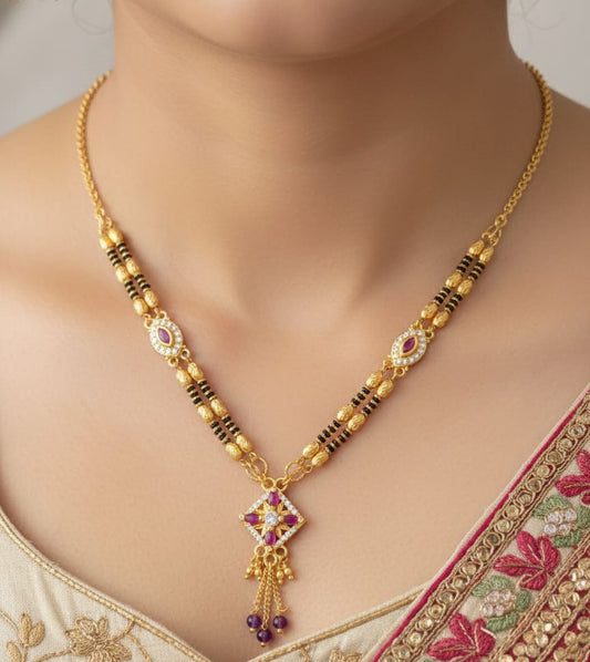 Micro Gold Plated And Diamond Square Pendant Mangalsutra with Ruby Accents