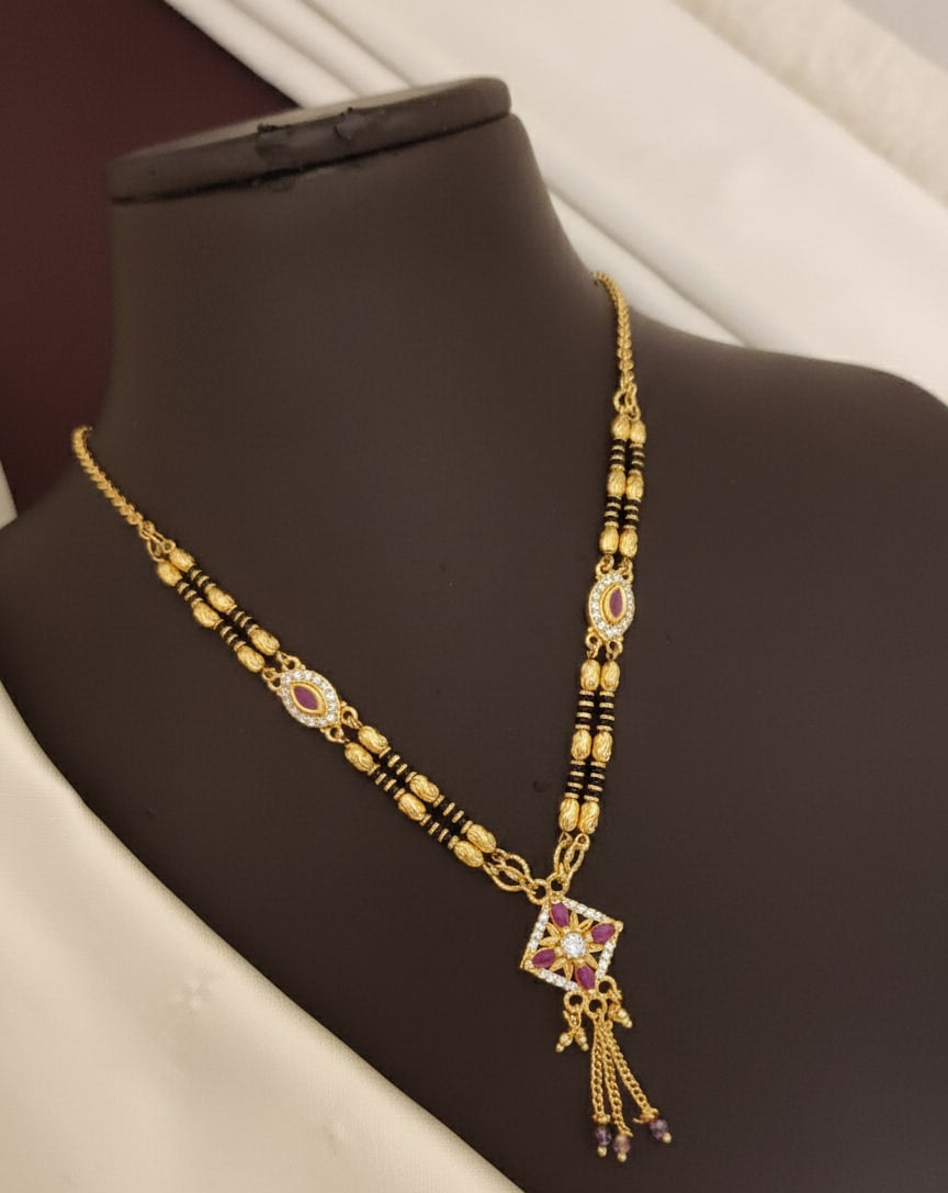 Micro Gold Plated And Diamond Square Pendant Mangalsutra with Ruby Accents