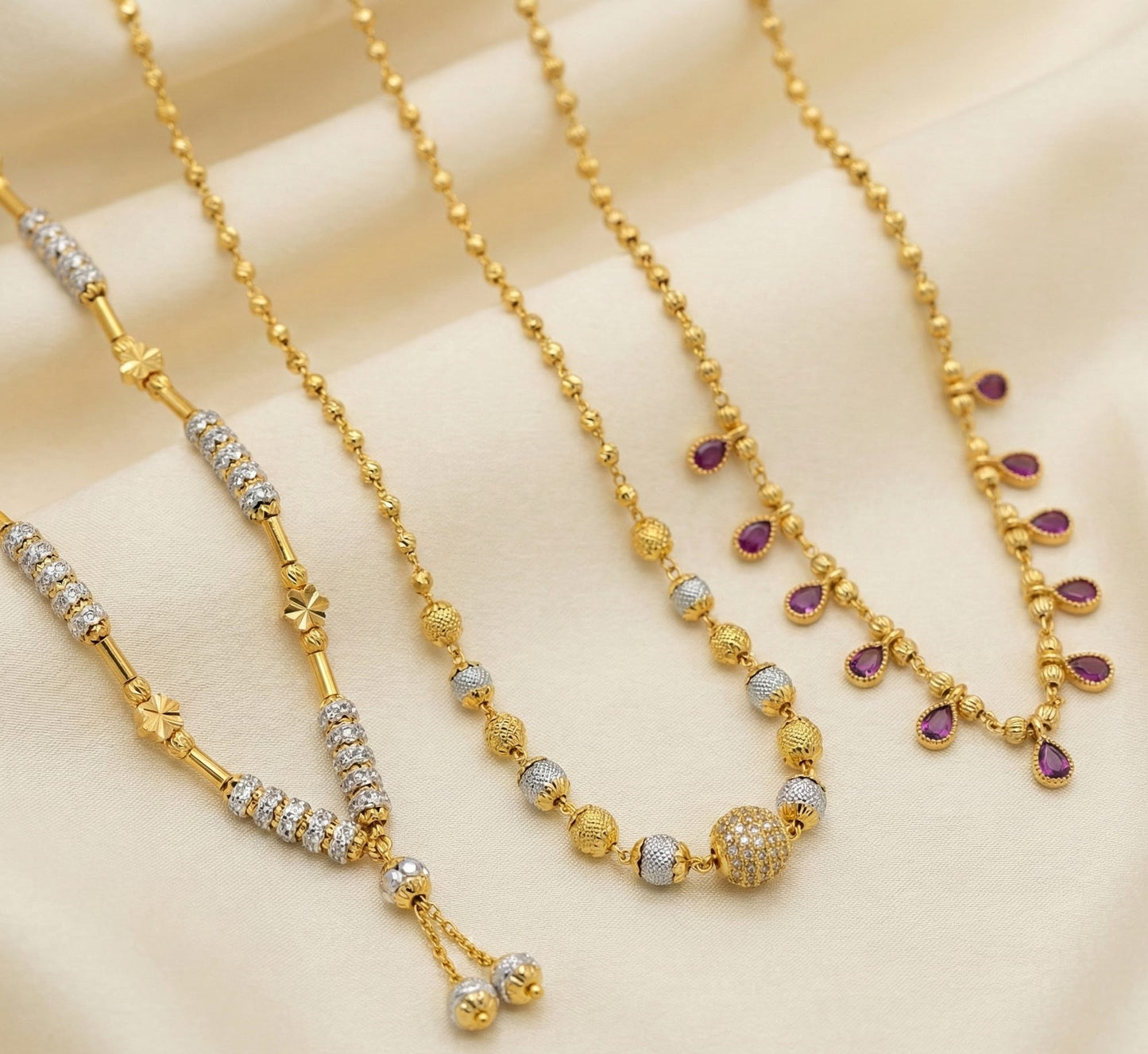 Micro Gold Plated And Diamond Studded Beaded Short Chain Combo Of 3 For Women
