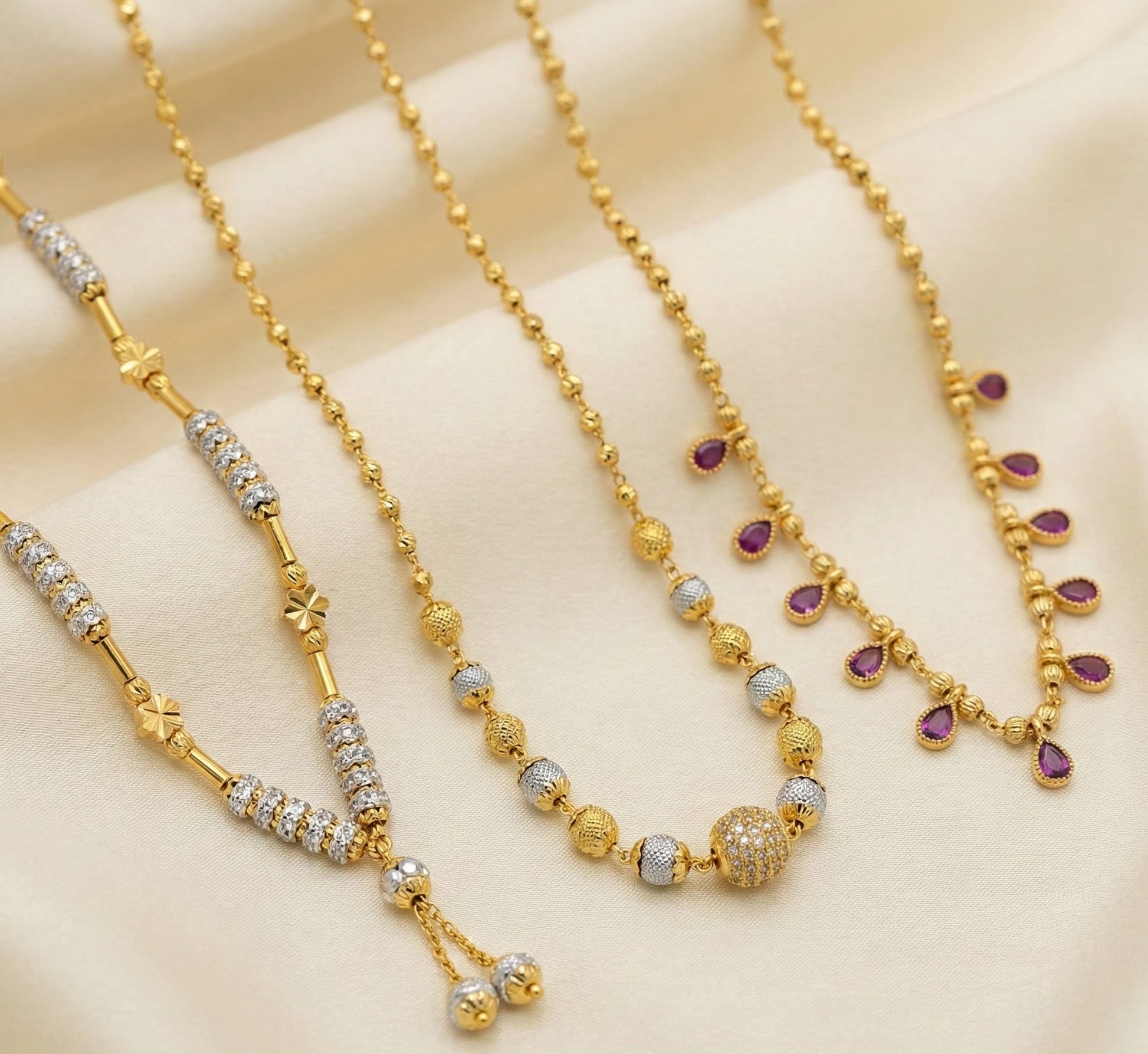 Micro Gold Plated And Diamond Studded Beaded Short Chain Combo Of 3 For Women