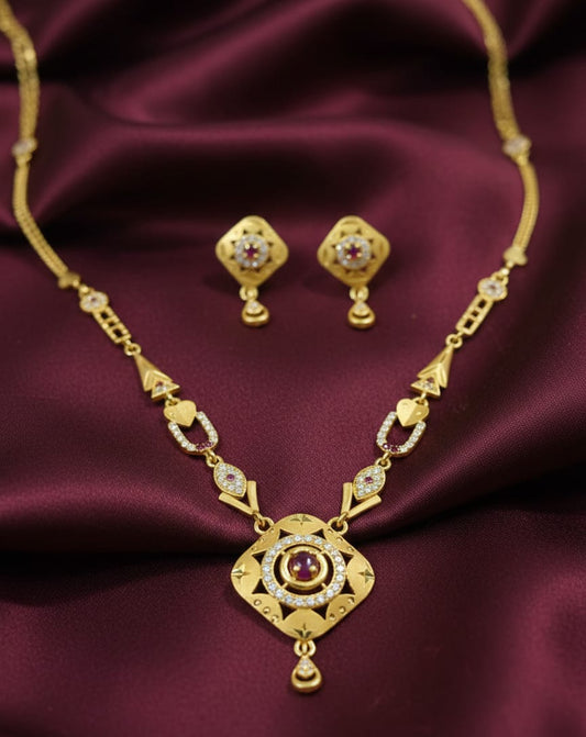Micro Gold Plated And Diamond Studded Forming Square Necklace with Earrings For Women