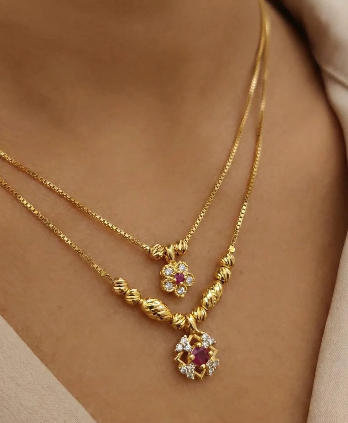 Micro Gold Plated AD Diamond Studded Ruby Floral Dual-Layer Pendant Necklace