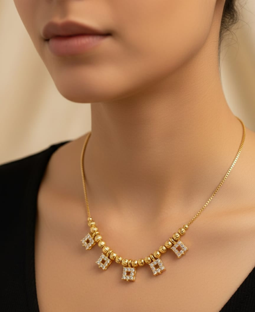 Micro Gold Plated American Diamond Studded Square Drop Necklace Chain For Women