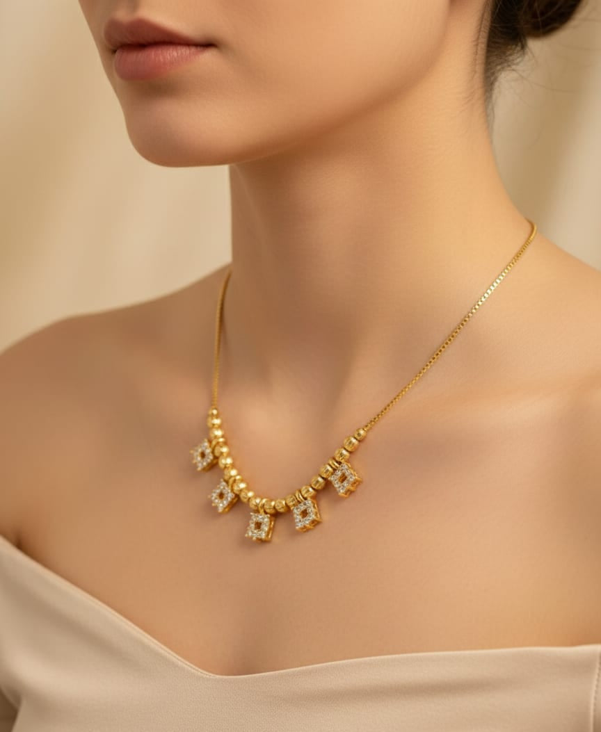 Micro Gold Plated American Diamond Studded Square Drop Necklace Chain For Women