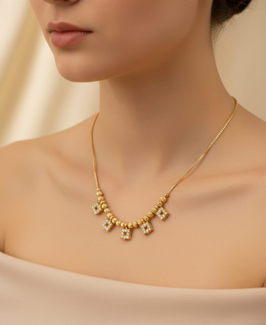 Micro Gold Plated American Diamond Studded Square Drop Necklace Chain For Women