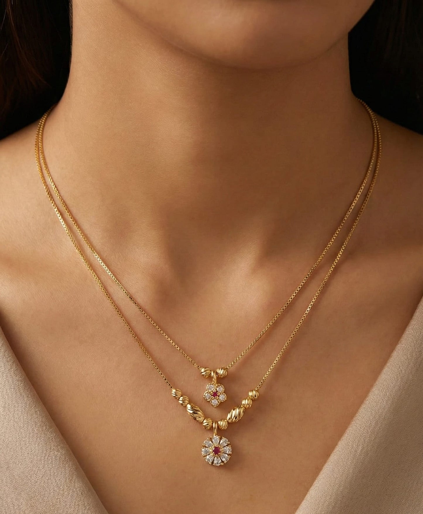 Micro Gold Plated Dual Layer Floral Pendant Necklace – AD Diamond Studded Elegant Daily Wear Chain