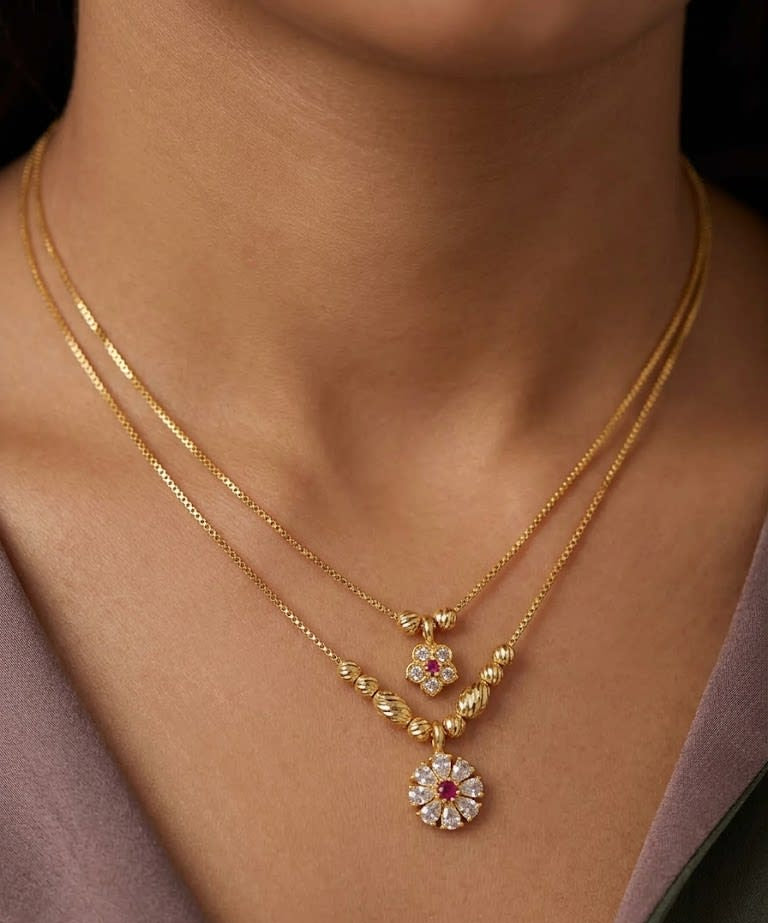 Micro Gold Plated Dual Layer Floral Pendant Necklace – AD Diamond Studded Elegant Daily Wear Chain