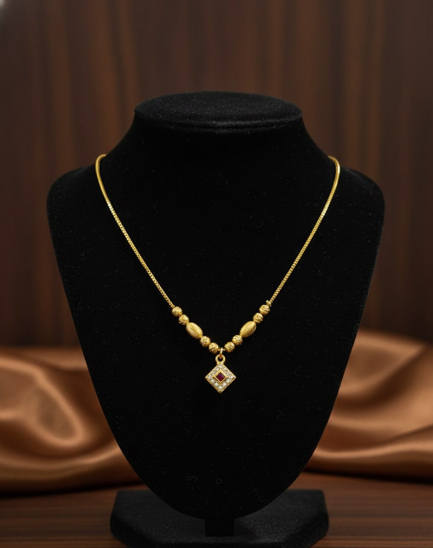 Micro Gold Plated Beaded Chain with Square And Stone Pendant For Women