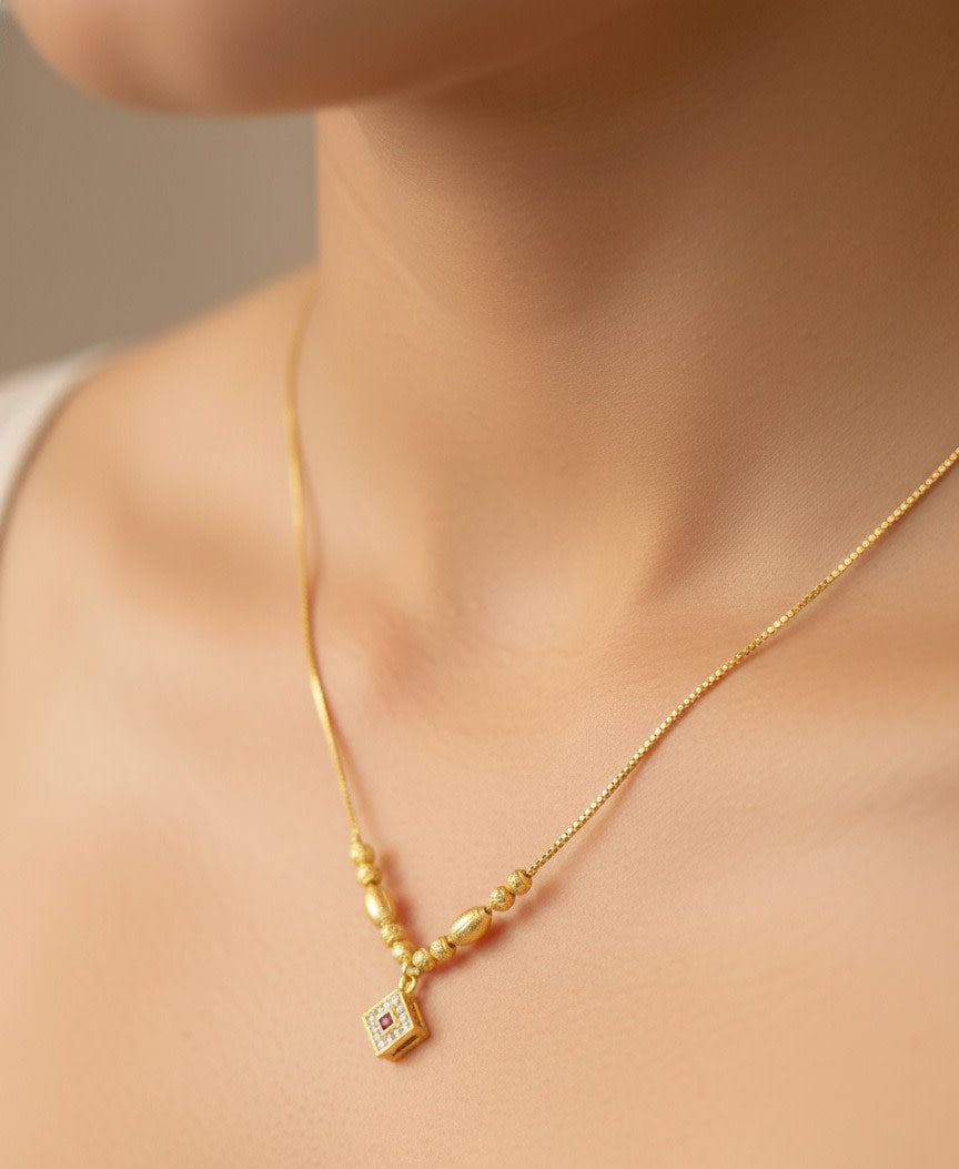 Micro Gold Plated Beaded Chain with Square And Stone Pendant For Women