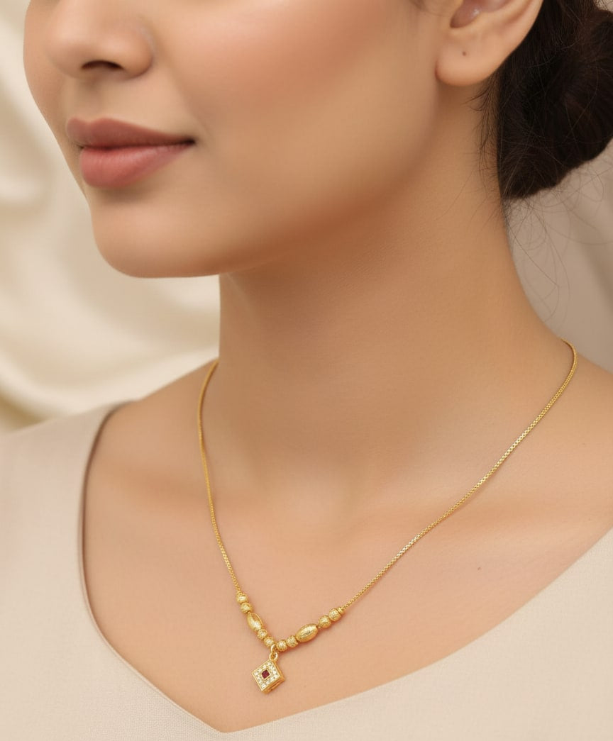 Micro Gold Plated Beaded Chain with Square And Stone Pendant For Women