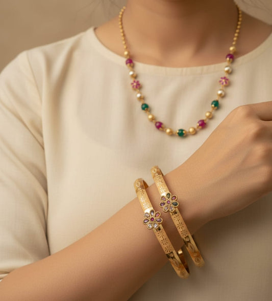 Micro Gold Plated Floral Stone Studded Traditional Bangle Pair with Pearl Chain