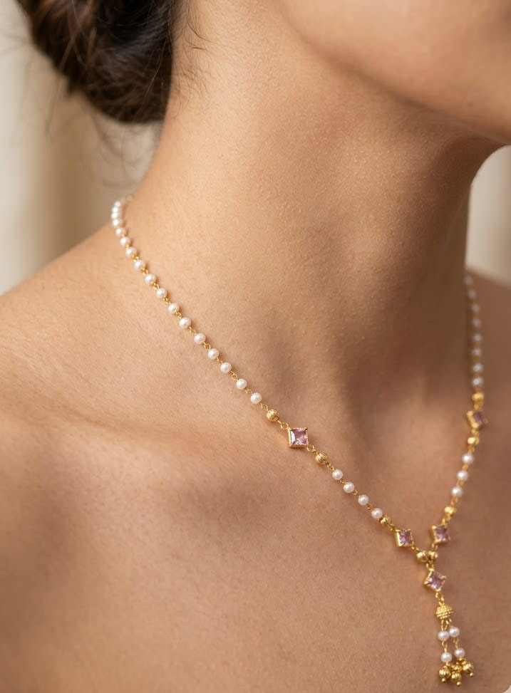 Micro Gold Plated Pearl 18 iches Chain with Pink Stone Accents & Elegant Drop