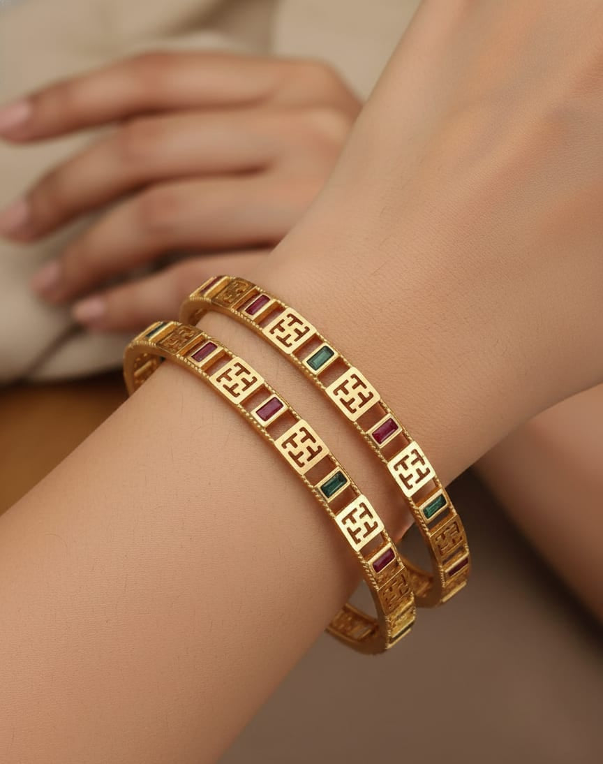 Micro Gold Plated Premium Geometric Stone Bangles (Kadli) 2 Pc