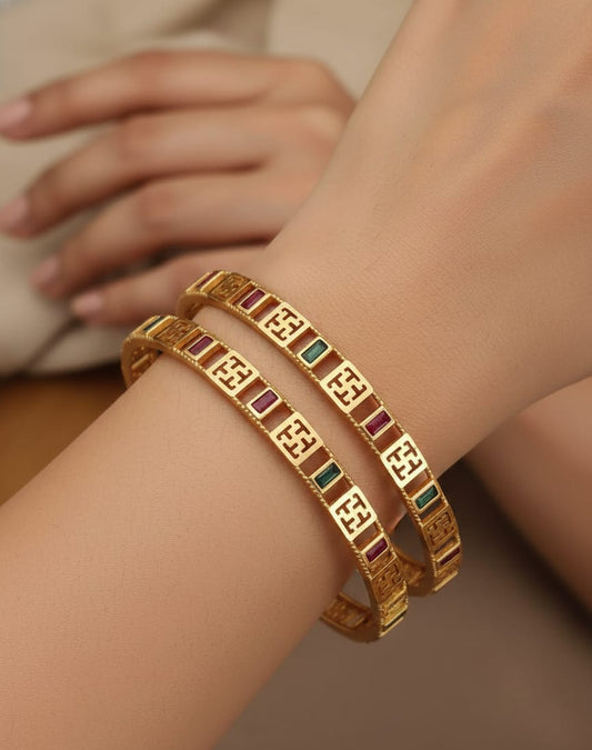 Micro Gold Plated Premium Geometric Stone Bangles (Kadli) 2 Pc