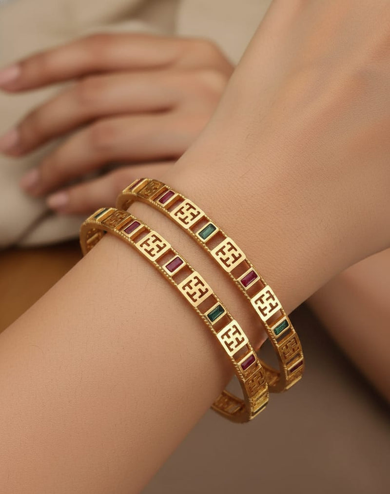 Micro Gold Plated Premium Geometric Stone Bangles (Kadli) 2 Pc