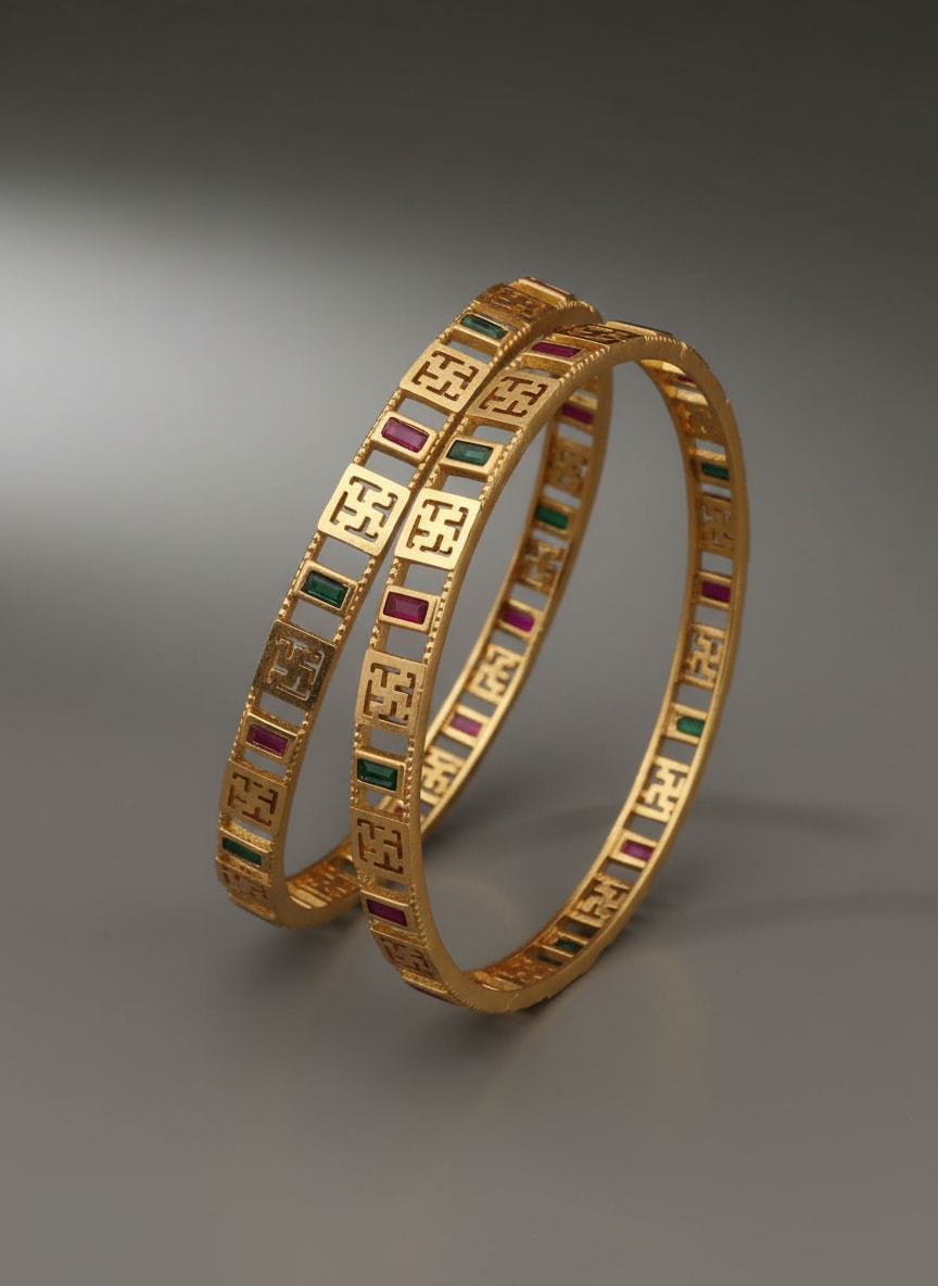 Micro Gold Plated Premium Geometric Stone Bangles (Kadli) 2 Pc