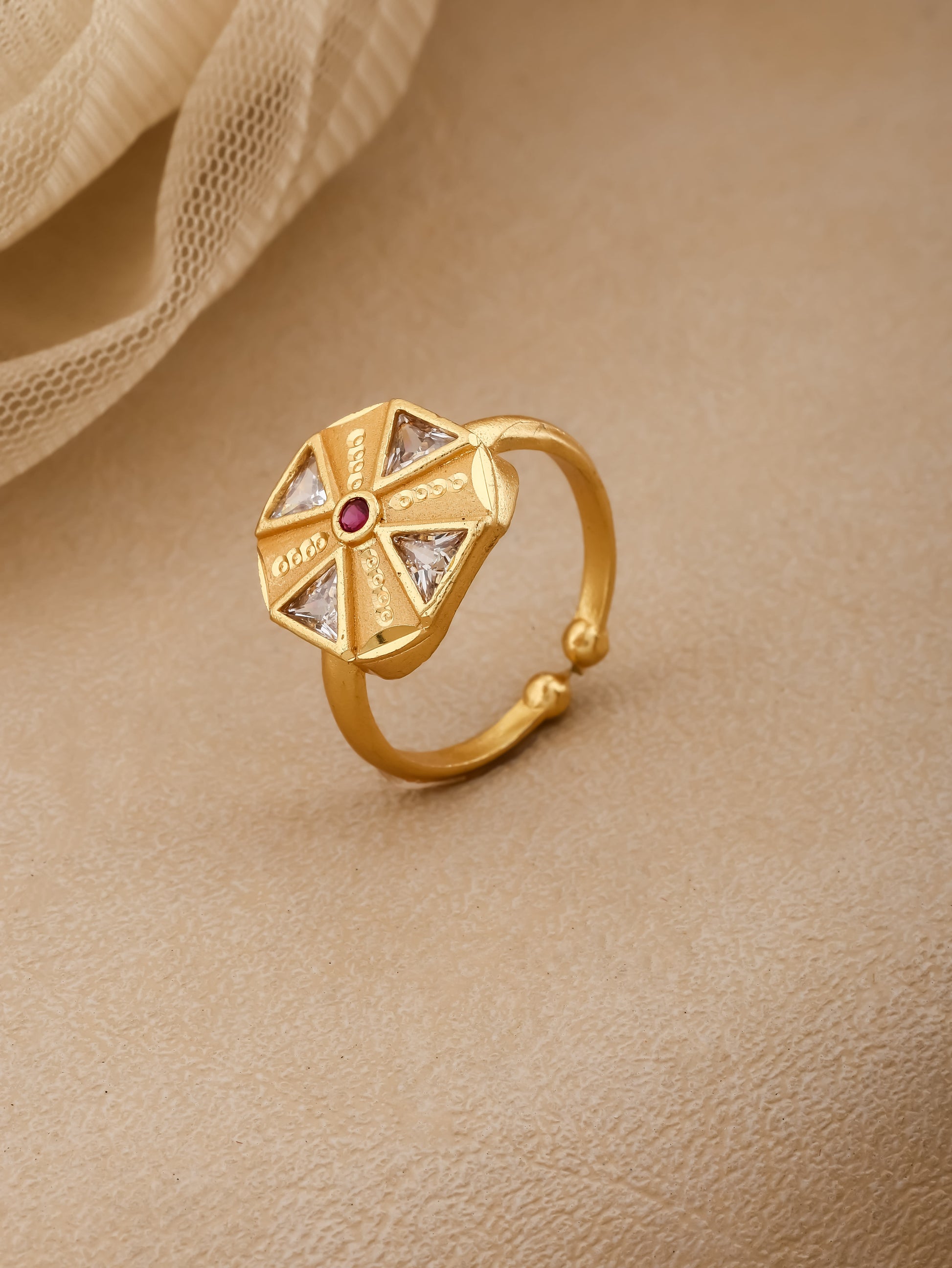 Micro Gold Plated And Diamond Studded Adjustable Flower Ring
