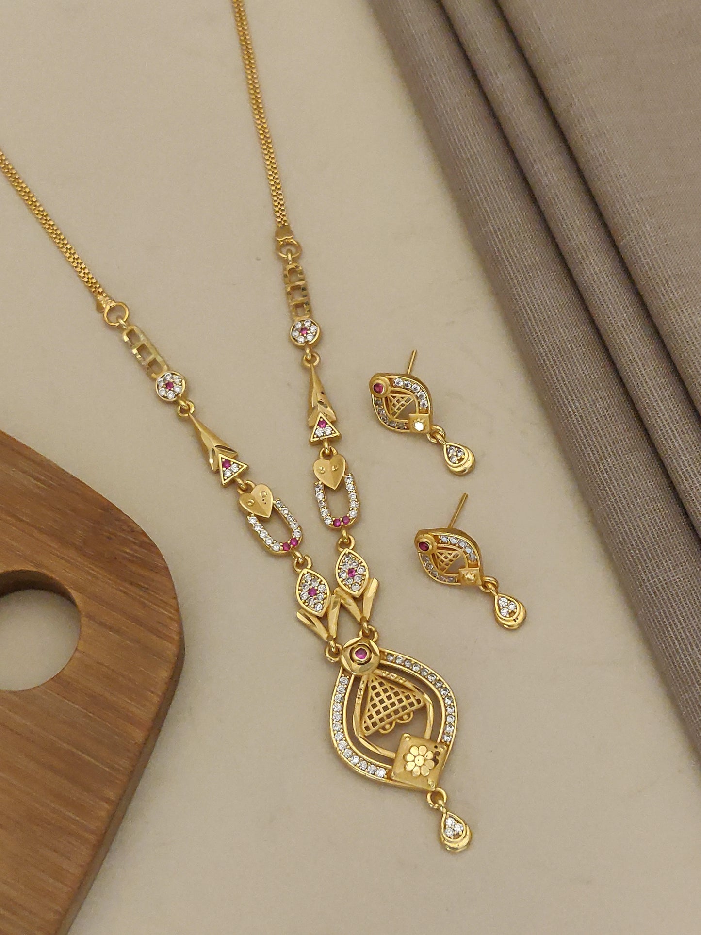 Micro Gold Plated And Diamond Studded Fancy Forming Necklace with Earrings For Women