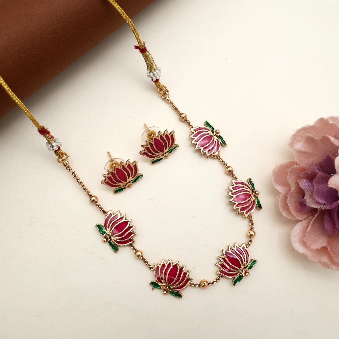 Micro Gold Plated Meena Work Pink Lotus Necklace with Earrings For Women