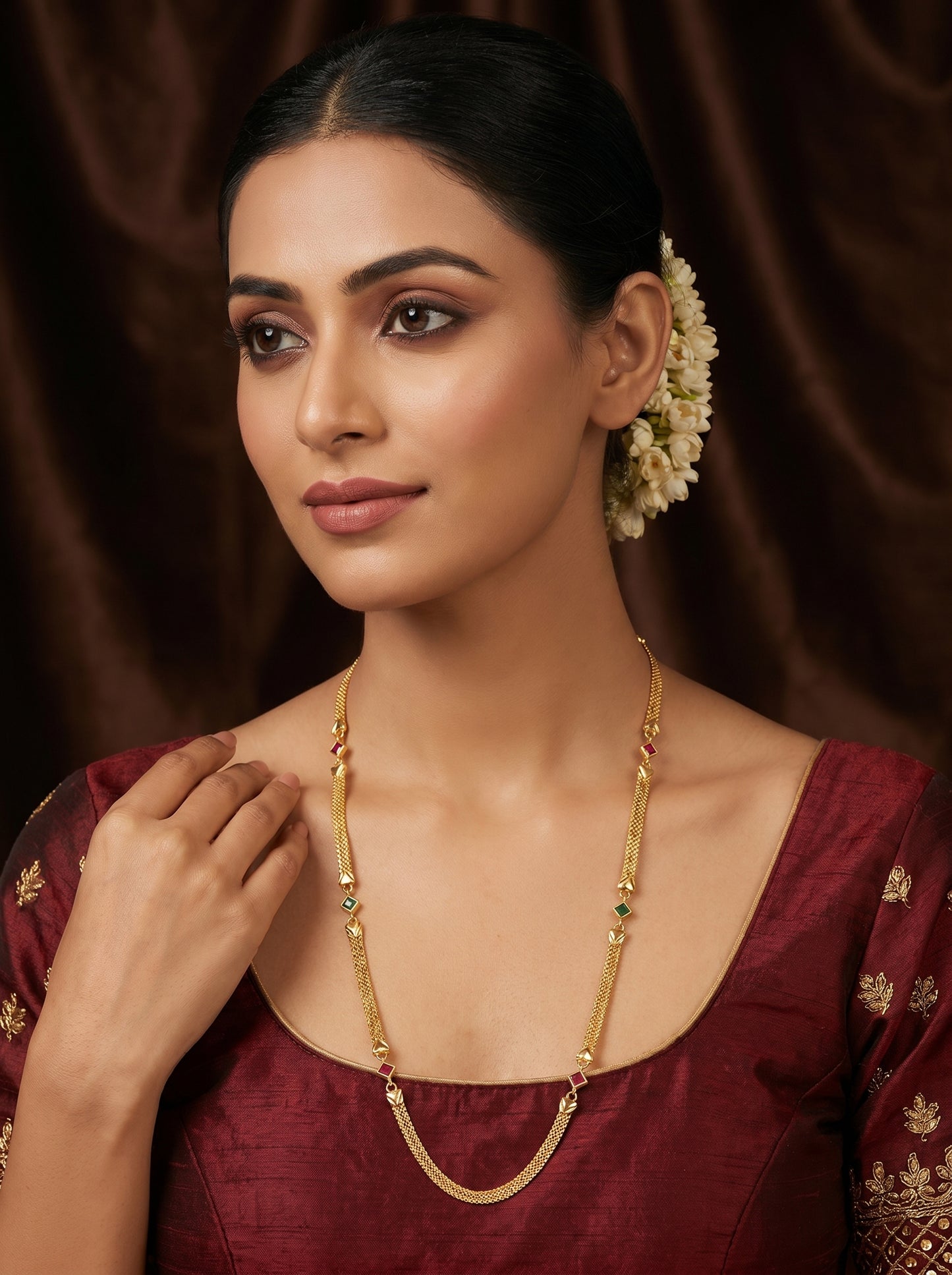 Gold Tone Plated And Diamond Studded Kempu Work Long Chain Mala