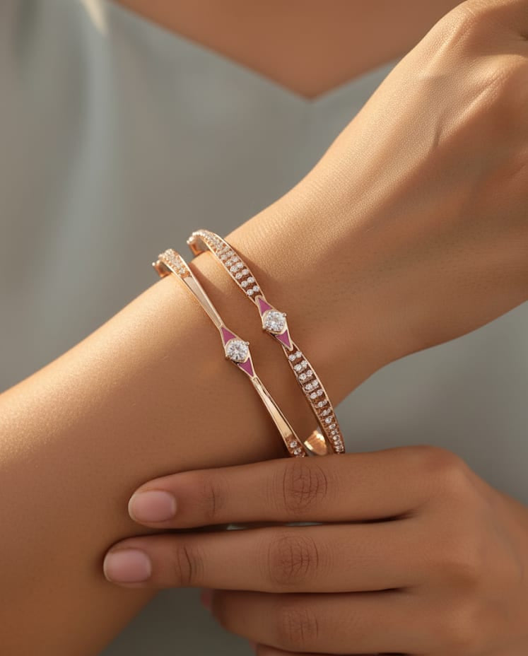 Rose Gold Plated And Diamond Studded Fancy Square-Round Bangle Set