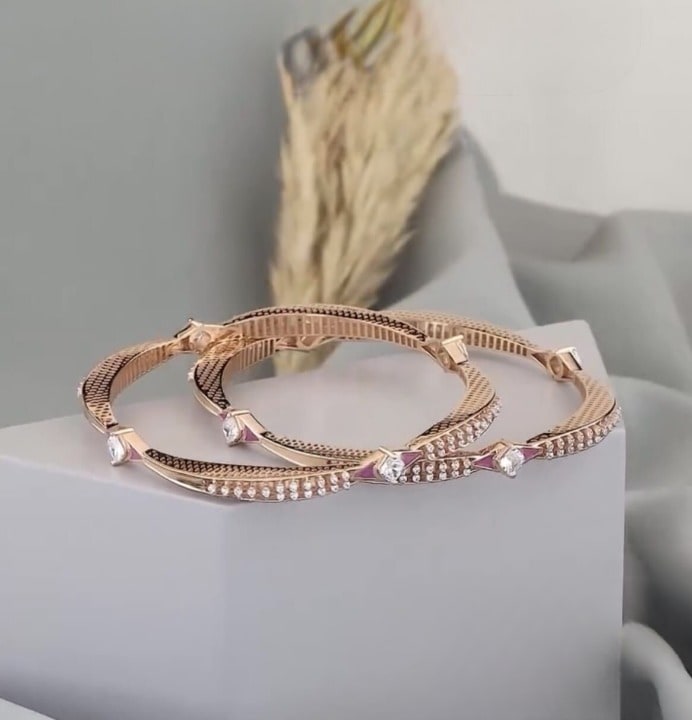 Rose Gold Plated And Diamond Studded Fancy Square-Round Bangle Set