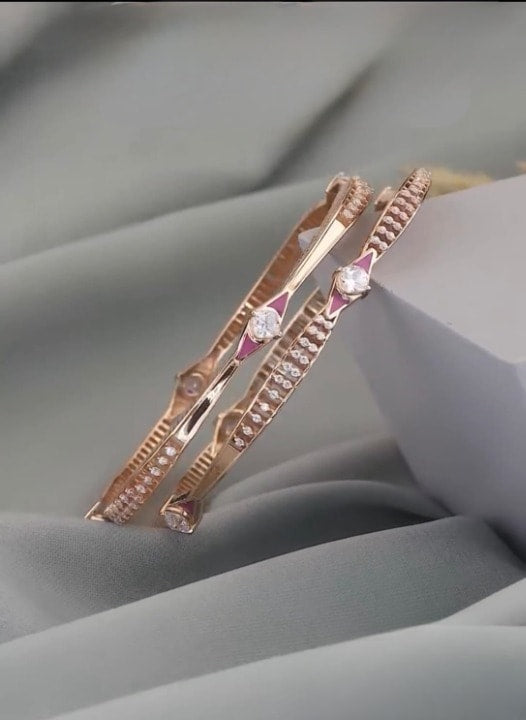 Rose Gold Plated And Diamond Studded Fancy Square-Round Bangle Set