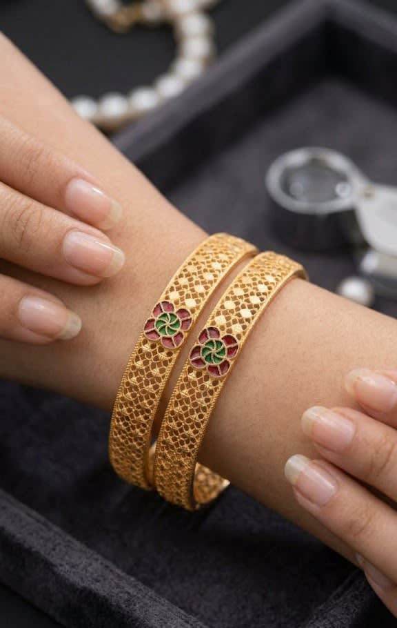 Royal Floral Enamel Micro Gold Plated Fancy 2 Pcs Bangles