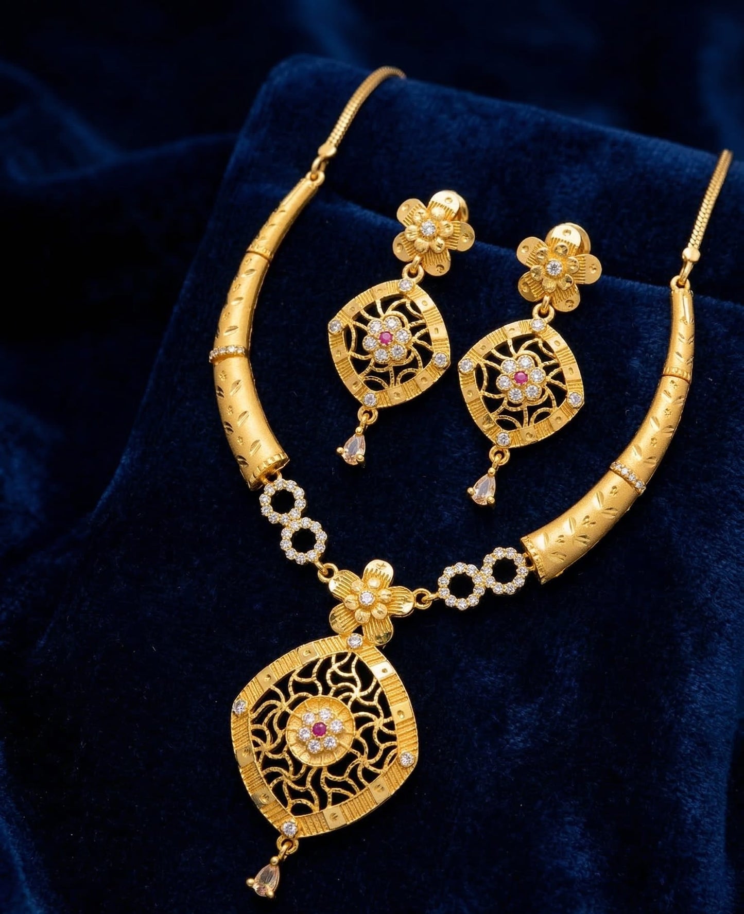 Royal Floral Filigree Micro Gold Plated AD Stone Studded Pendant Set with Earrings