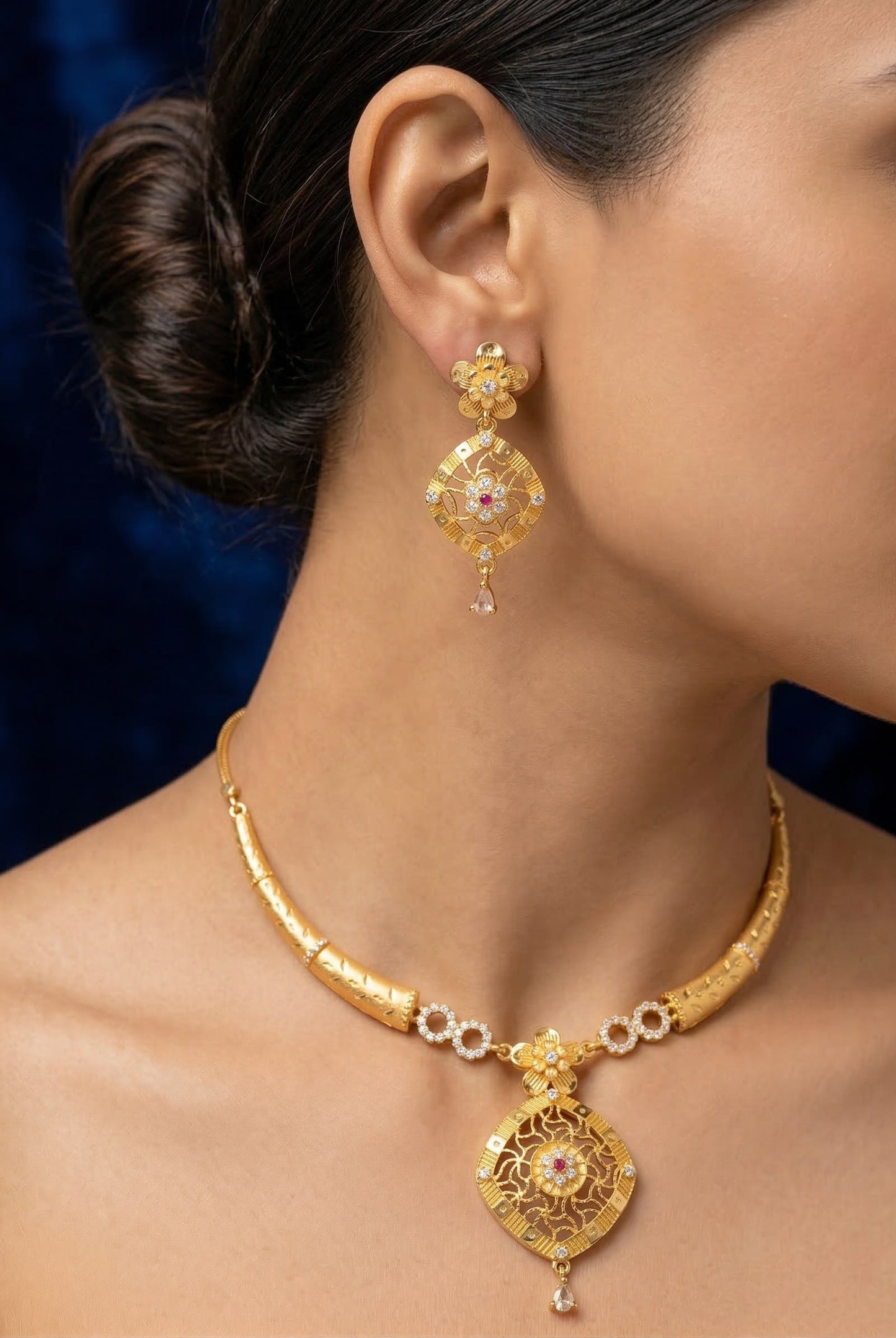 Royal Floral Filigree Micro Gold Plated AD Stone Studded Pendant Set with Earrings