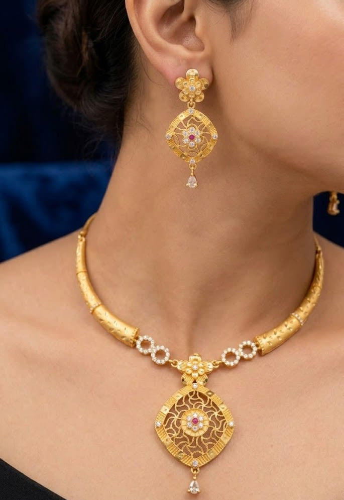 Royal Floral Filigree Micro Gold Plated AD Stone Studded Pendant Set with Earrings