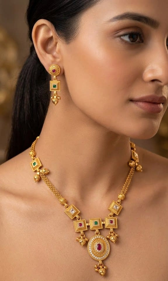 Royal Heritage Gold Necklace & Earring Set with Gemstone Accents