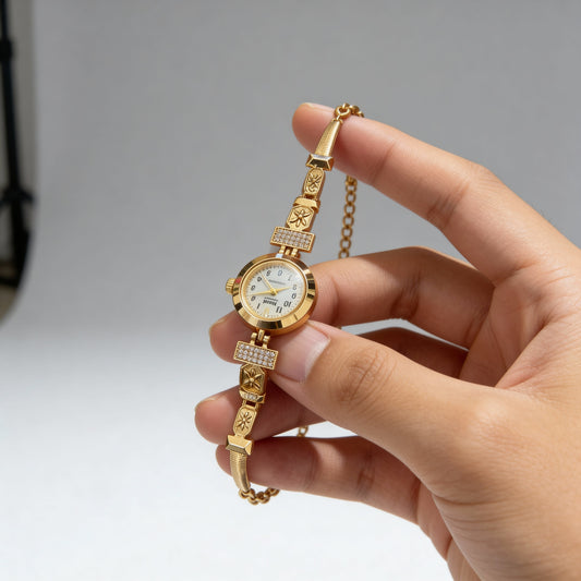 Sophisticated Gold Plated Crystal Studded Jewelry Watch For A Royal Look