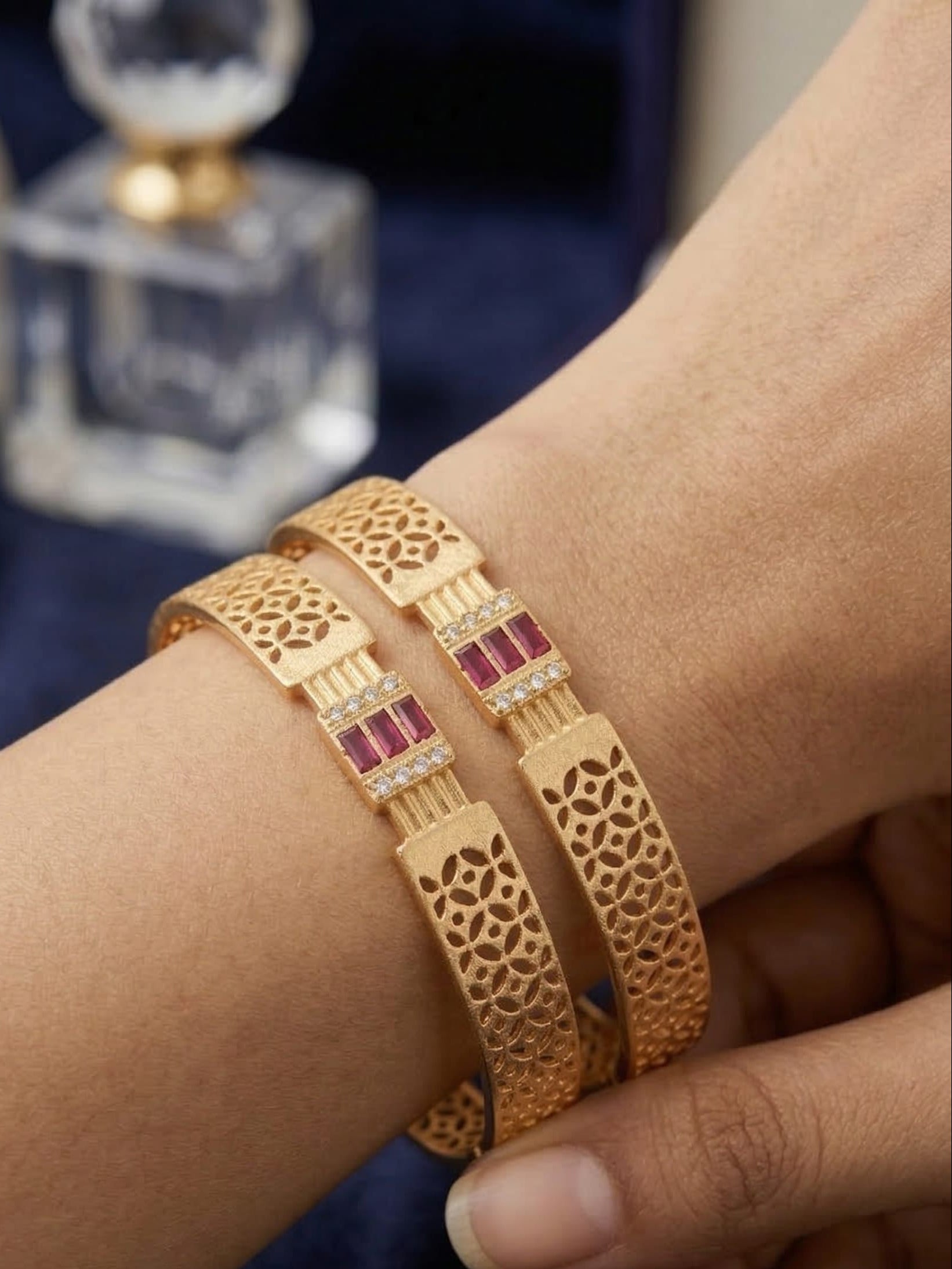 Royal Ruby Lattice Micro Gold Plated And Stone Studded Designer Bangles (Pair)