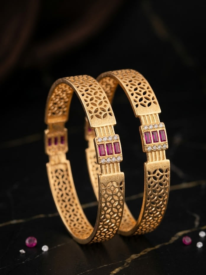 Royal Ruby Lattice Micro Gold Plated And Stone Studded Designer Bangles (Pair)