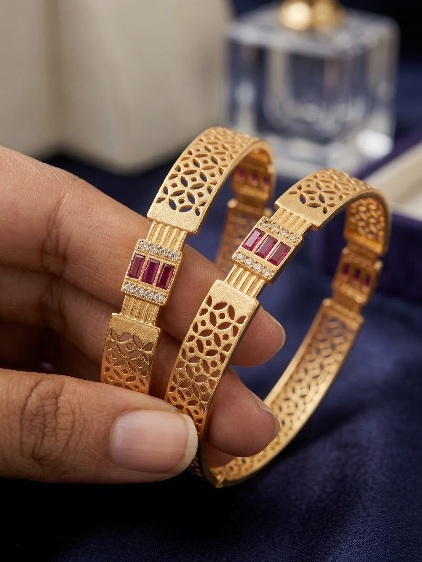 Royal Ruby Lattice Micro Gold Plated And Stone Studded Designer Bangles (Pair)