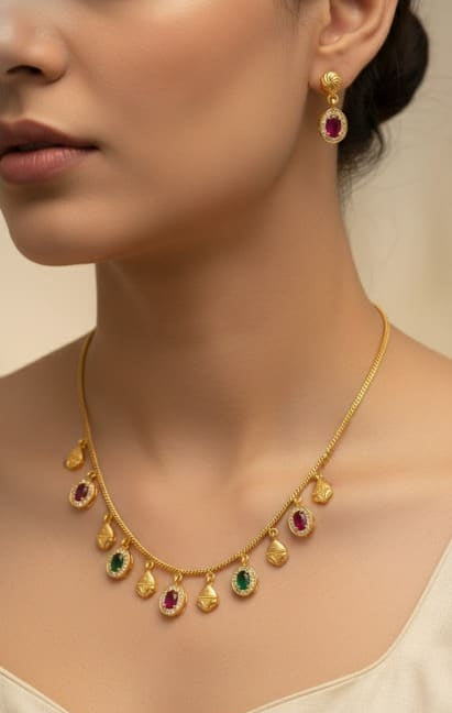 Royal Ruby & Emerald Drop Necklace Set with Matching Earrings – Micro Gold Plated Traditional Jewelry