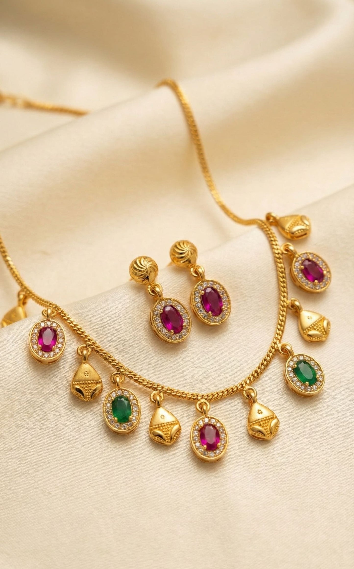 Royal Ruby & Emerald Drop Necklace Set with Matching Earrings – Micro Gold Plated Traditional Jewelry