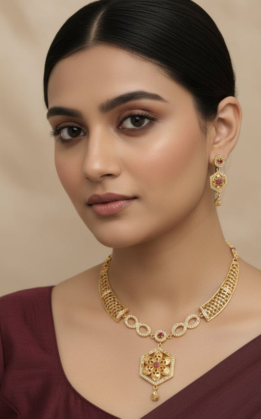 Elegant Gold Plated Flower Design Necklace Set with And Diamonds