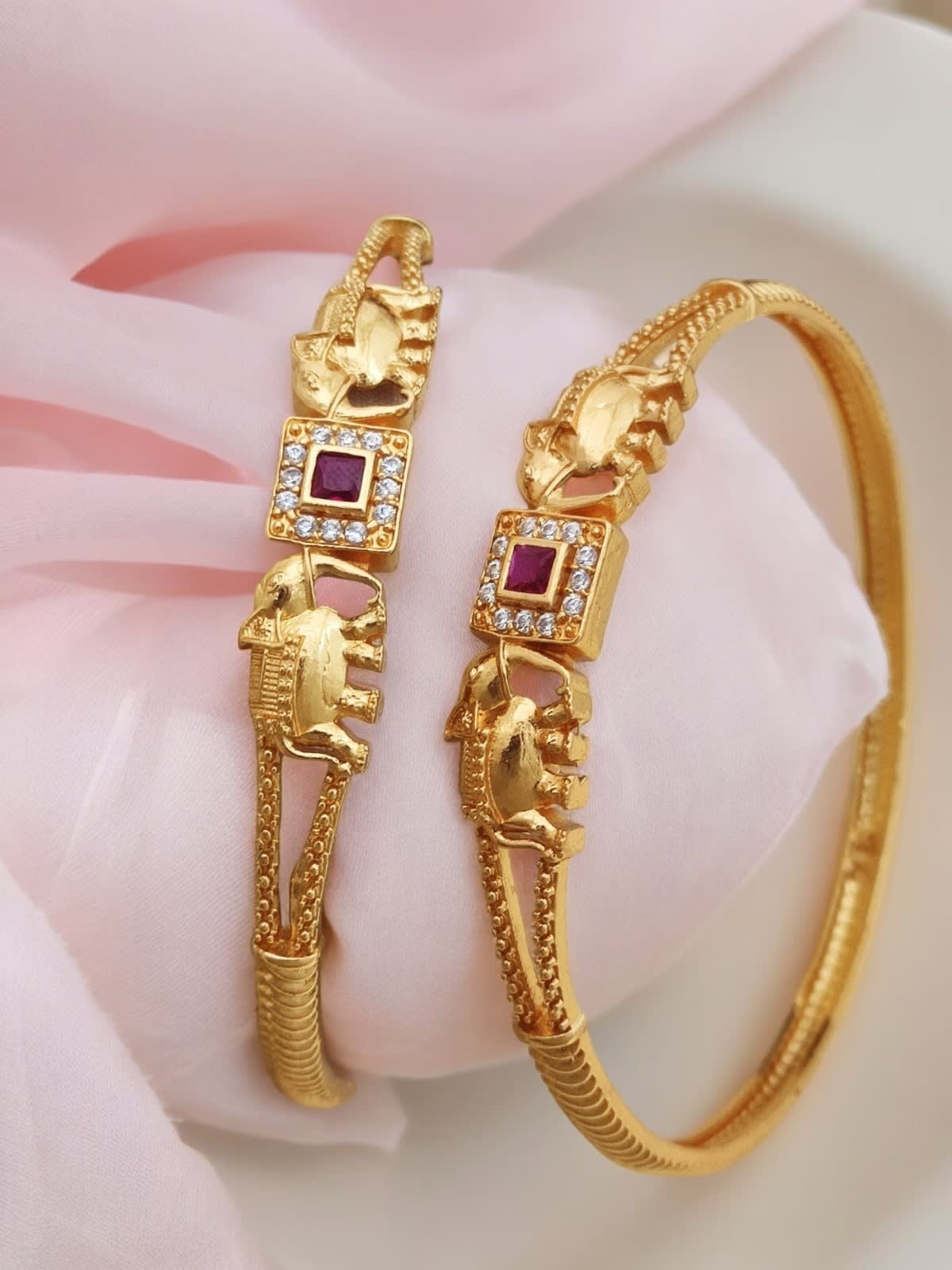 Square Pink Ruby & And Diamond Studded Micro Gold Plated Elephant Designer Bangle Set Of 2 Pcs